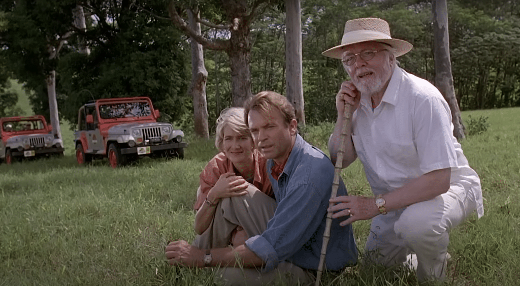 Laura Dern, Sam Neill, and Richard Attenborough in Jurassic Park.